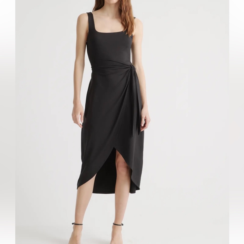 Quince Black Sleeveless Midi Wrap Dress